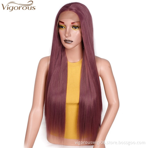 Vigorous Lace Frontal Wigs Long Silky Straight Burgundy Wigs Middle Part Synthetic Wigs For Women Wholesale Heat Resistant Fiber